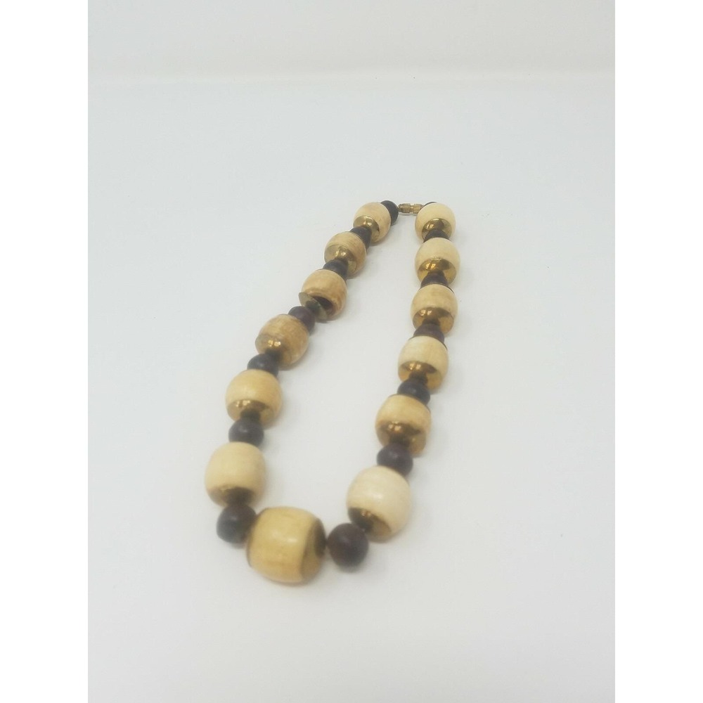 Vtg wood brass bead necklace earty Hippie‎ nature Bohemian
